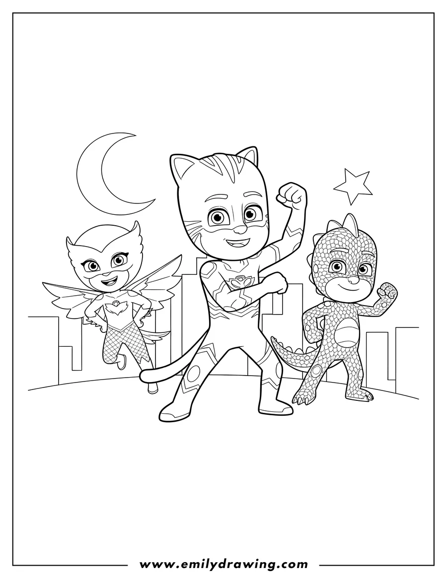 PDF style coloring page: pj Masks Tv, Catboy, Owlette, and Gekko posing and smiling