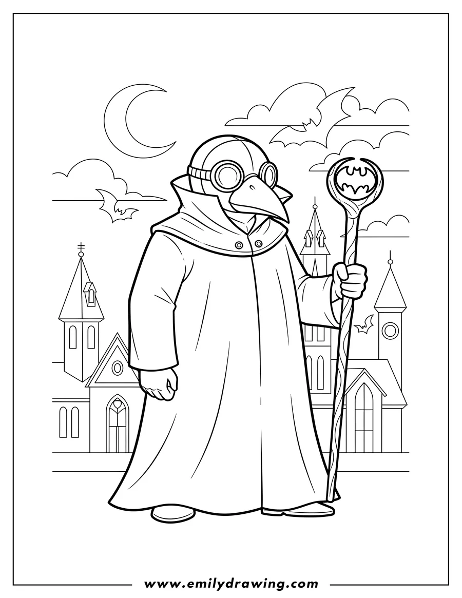 Downloadable coloring page of gotham Themed Horror, a plague doctor in a beak mask holding a staff