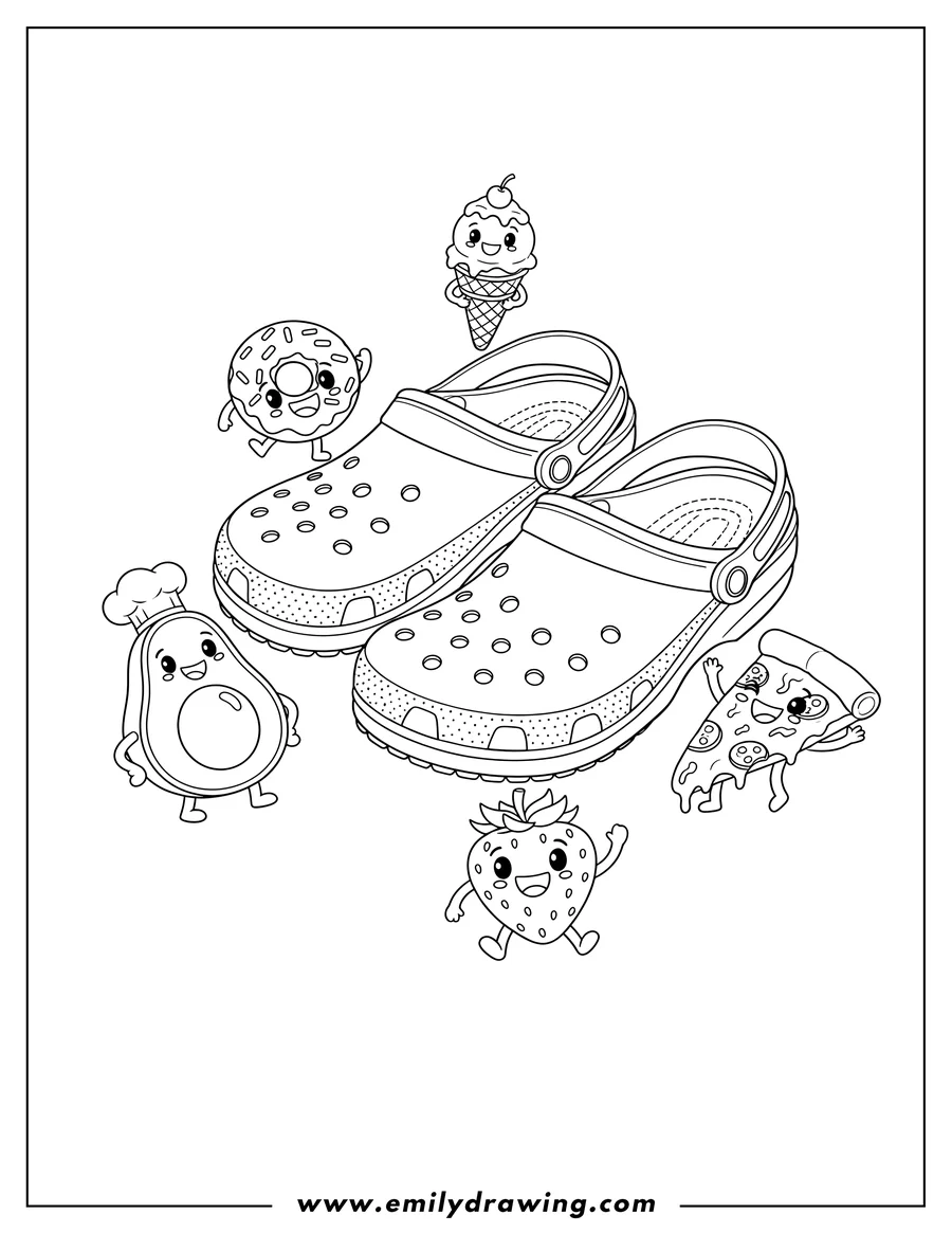 High quality printable A pair of plain Crocs shoes surrounded by cute smiling food characters for coloring