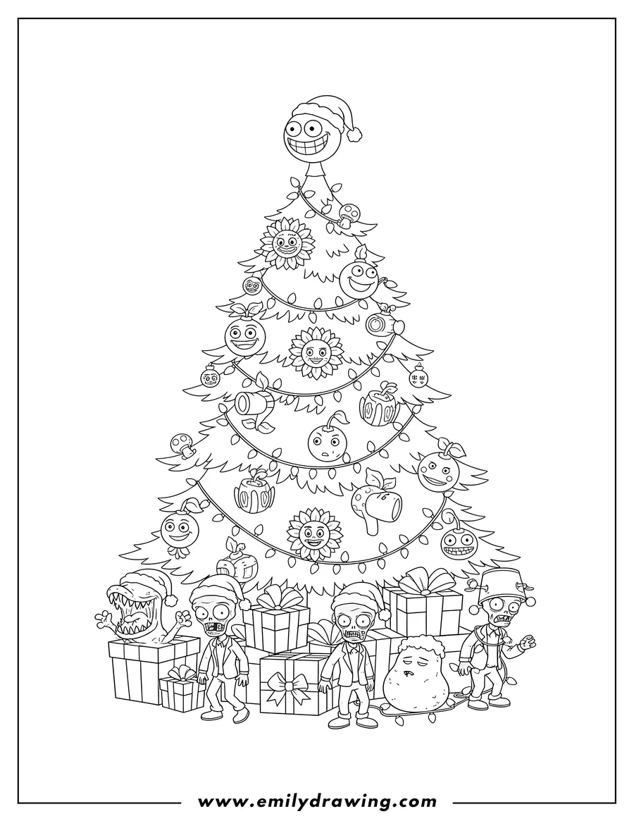 PDF style coloring page: A Plants Vs Zombies Christmas tree decorated with plant characters and gifts