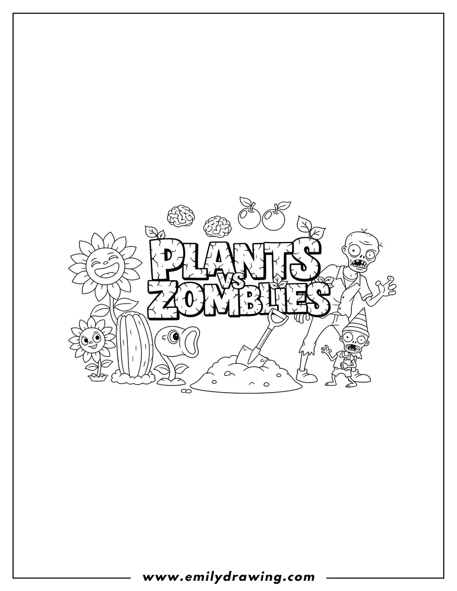 Coloring page for kids: plants Vs Zombies Logo To Color with various plants and zombies surrounding the text