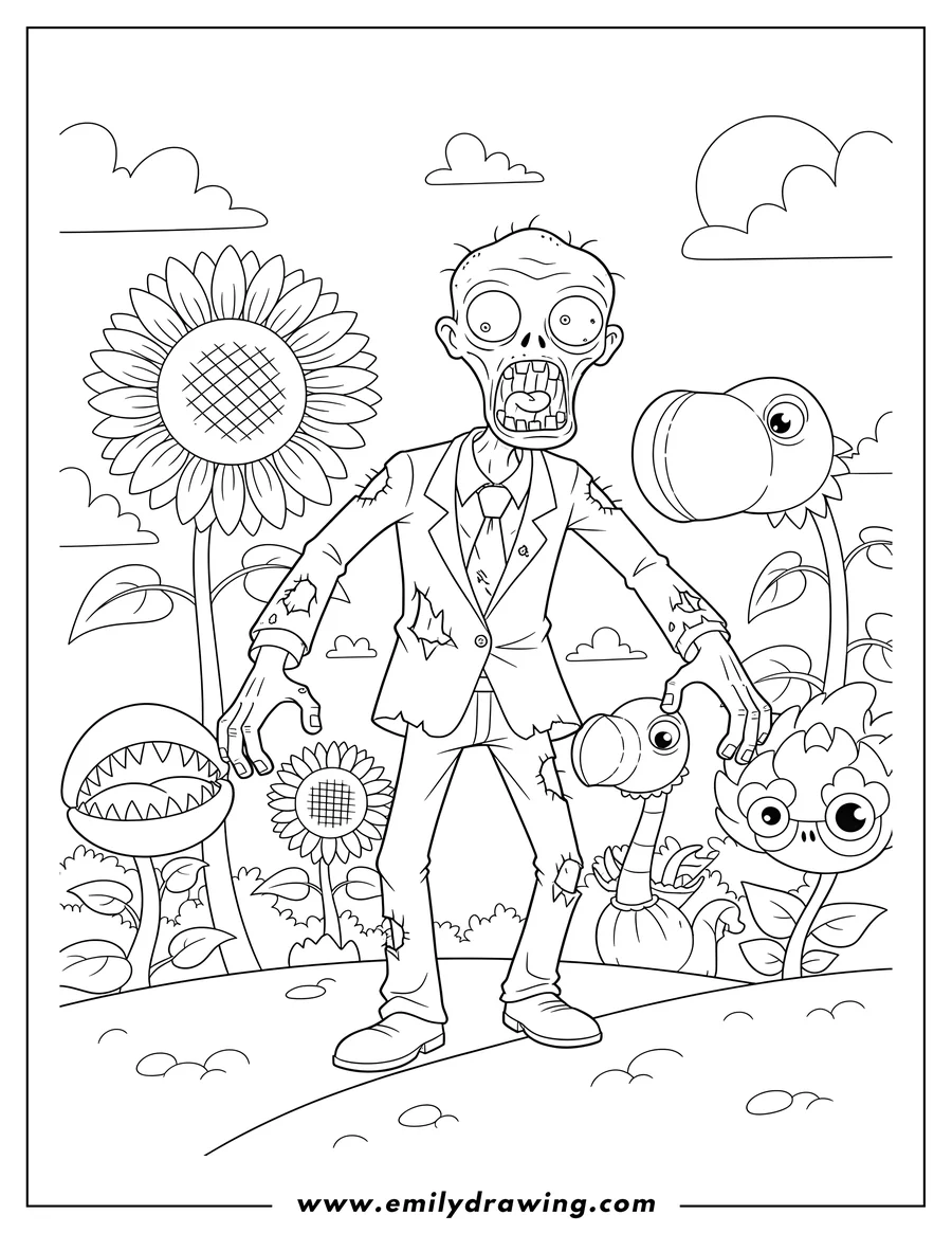 Clean line drawing: plants Vs Zombies Scaled, a zombie in a torn suit and tie, walking with an open mouth