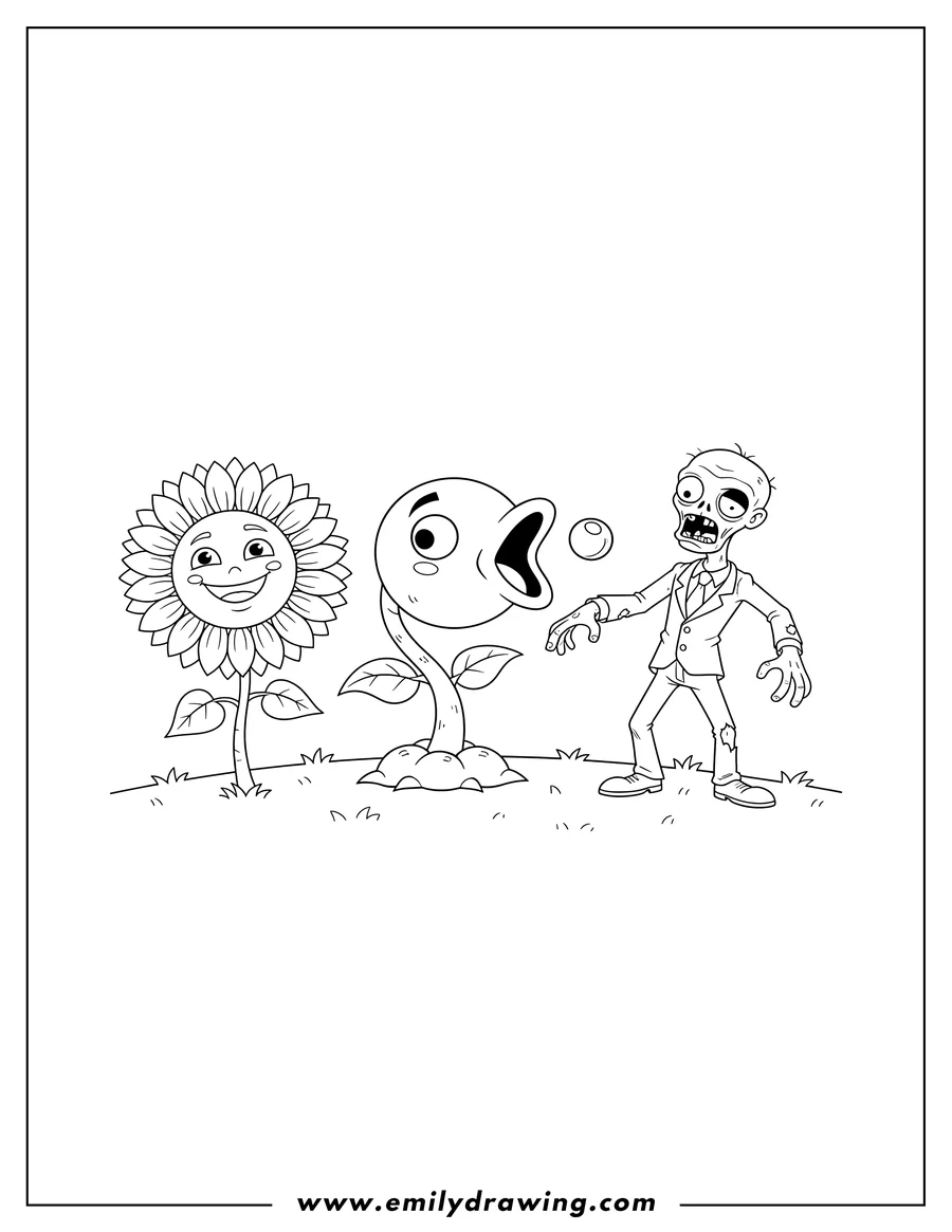 Doodle style coloring picture of plants Vs Zombies: Peashooter, Sunflower, and Zombie standing together