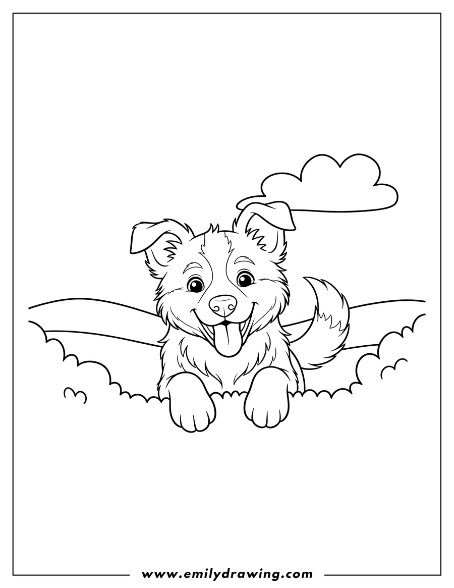 Black and white line art of playful Border Collie puppy peeking, smiling wide with tongue out