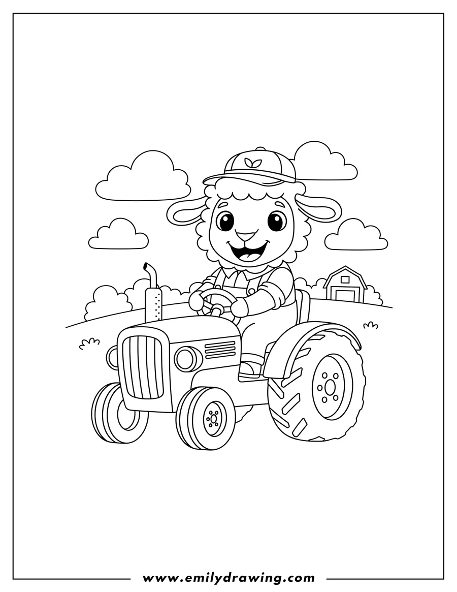 Coloring sheet featuring playful, smiling Cartoon Sheep driving a Farm Tractor, holding the steering wheel, for preschoolers
