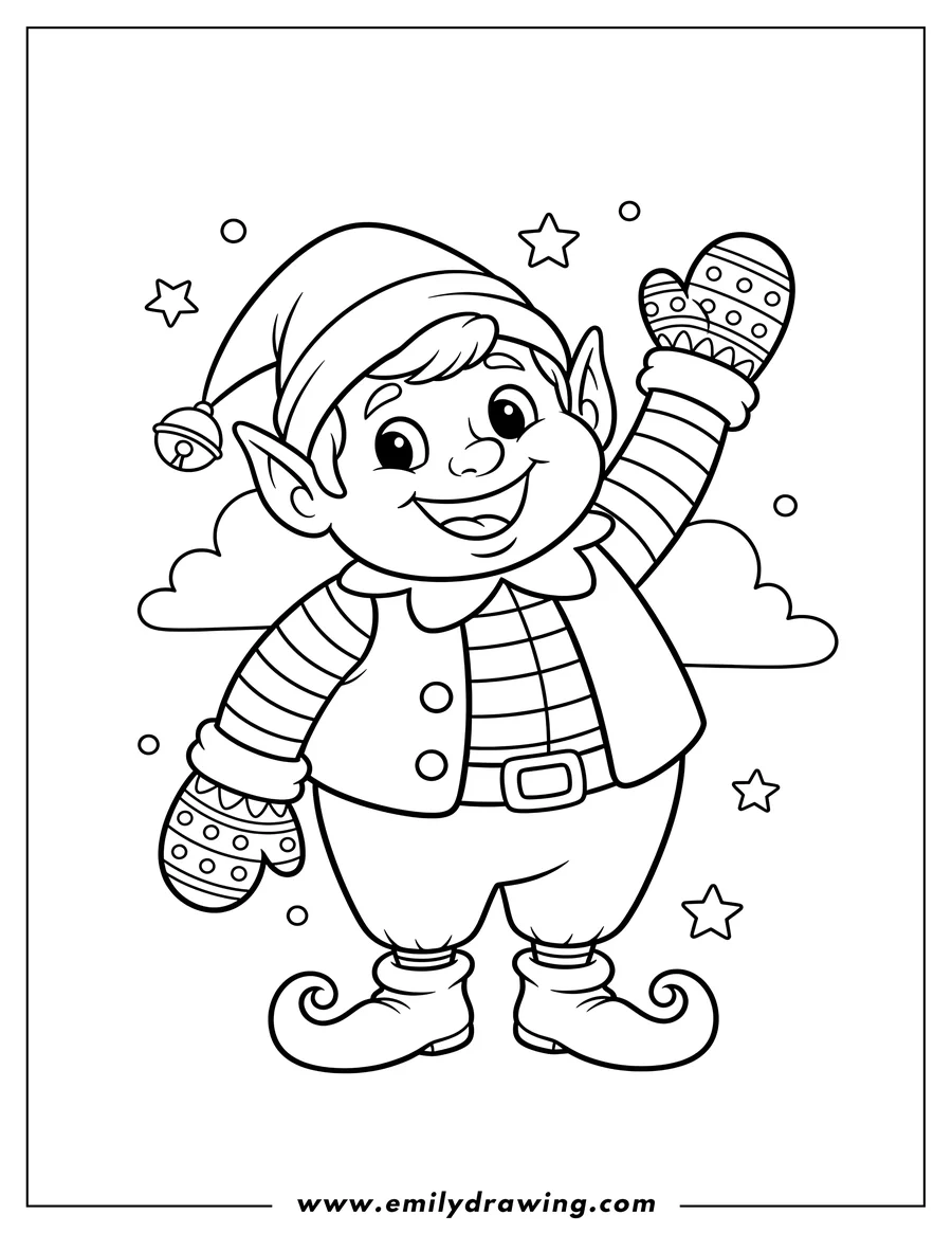PDF style coloring page: playful Elf wearing mittens, waving hello with a big smile for preschoolers
