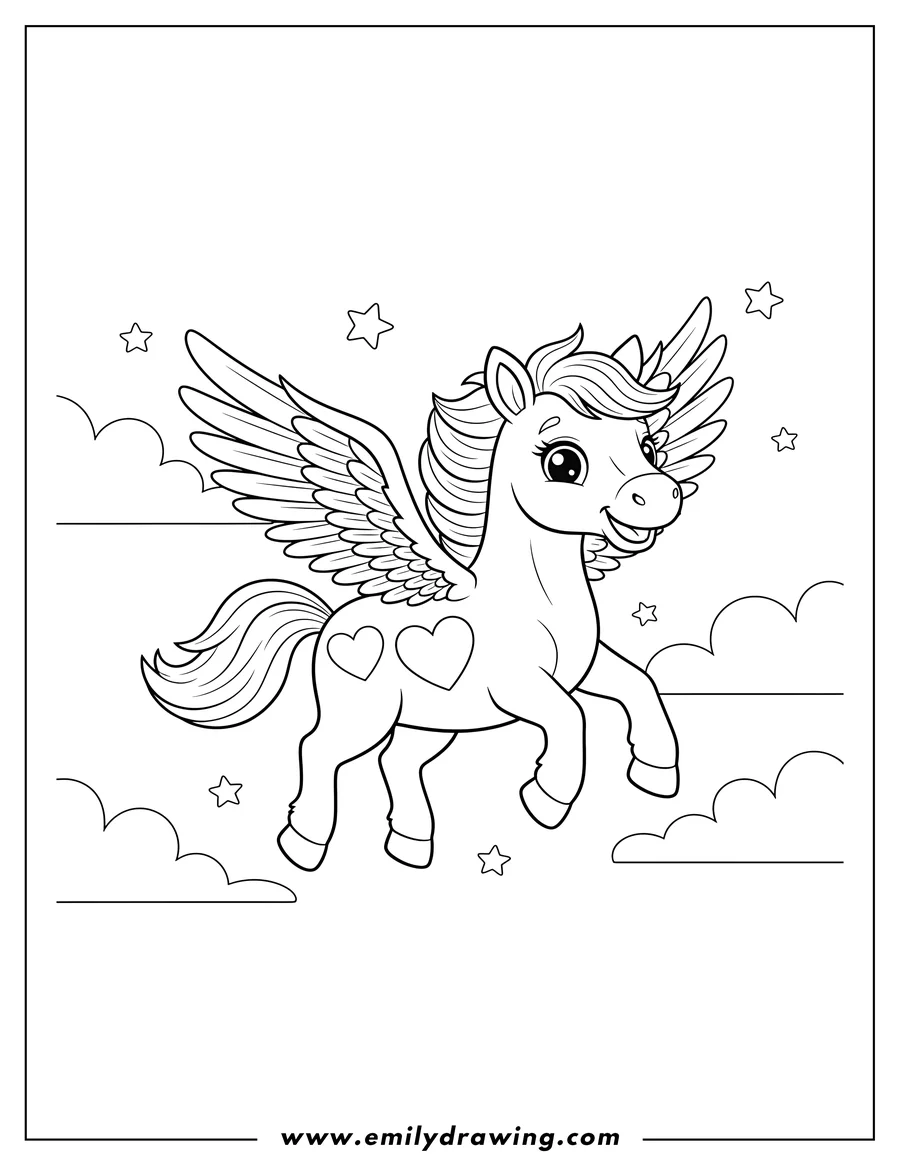 Full page coloring image of cute, smiling playful flying pegasus with hearts on flank for preschoolers