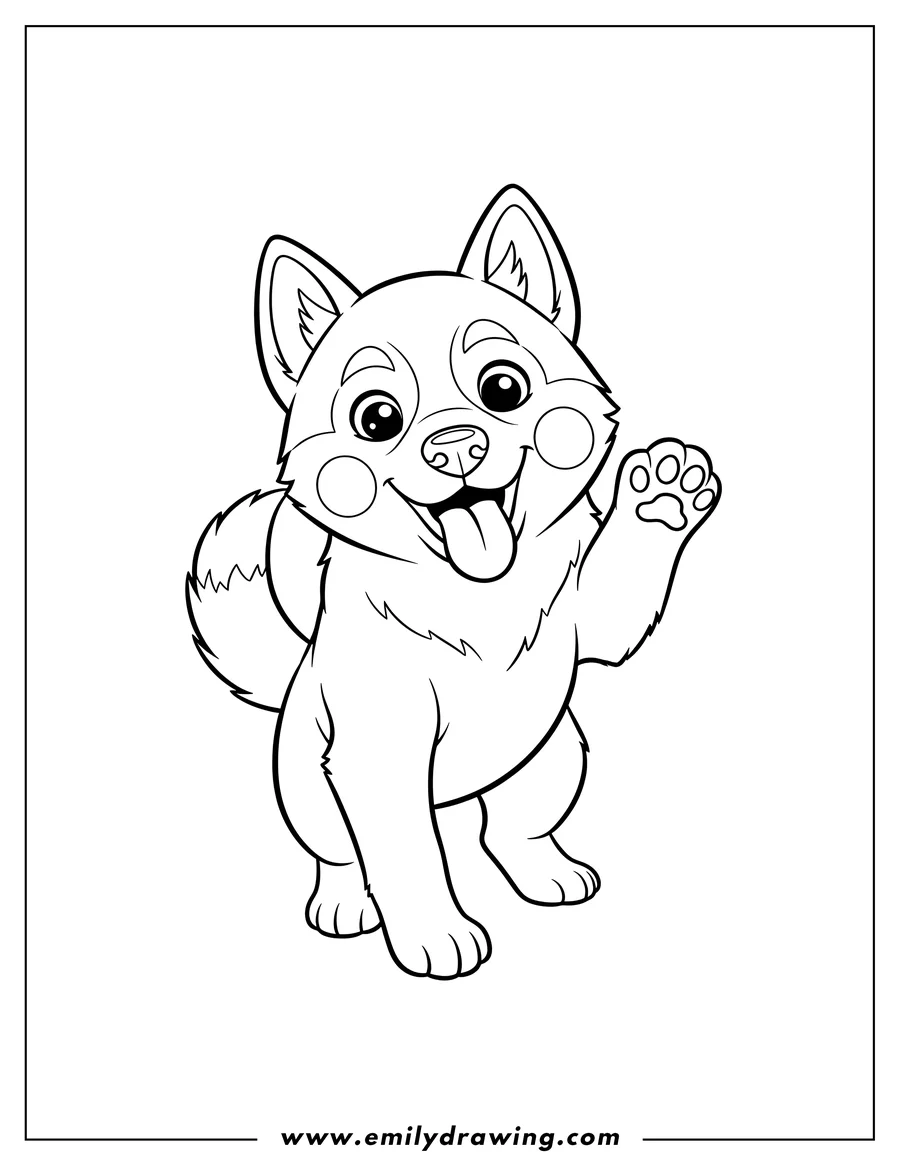 Vector style outline of playful Husky Puppy with Blushing Face, smiling with tongue out and one paw lifted