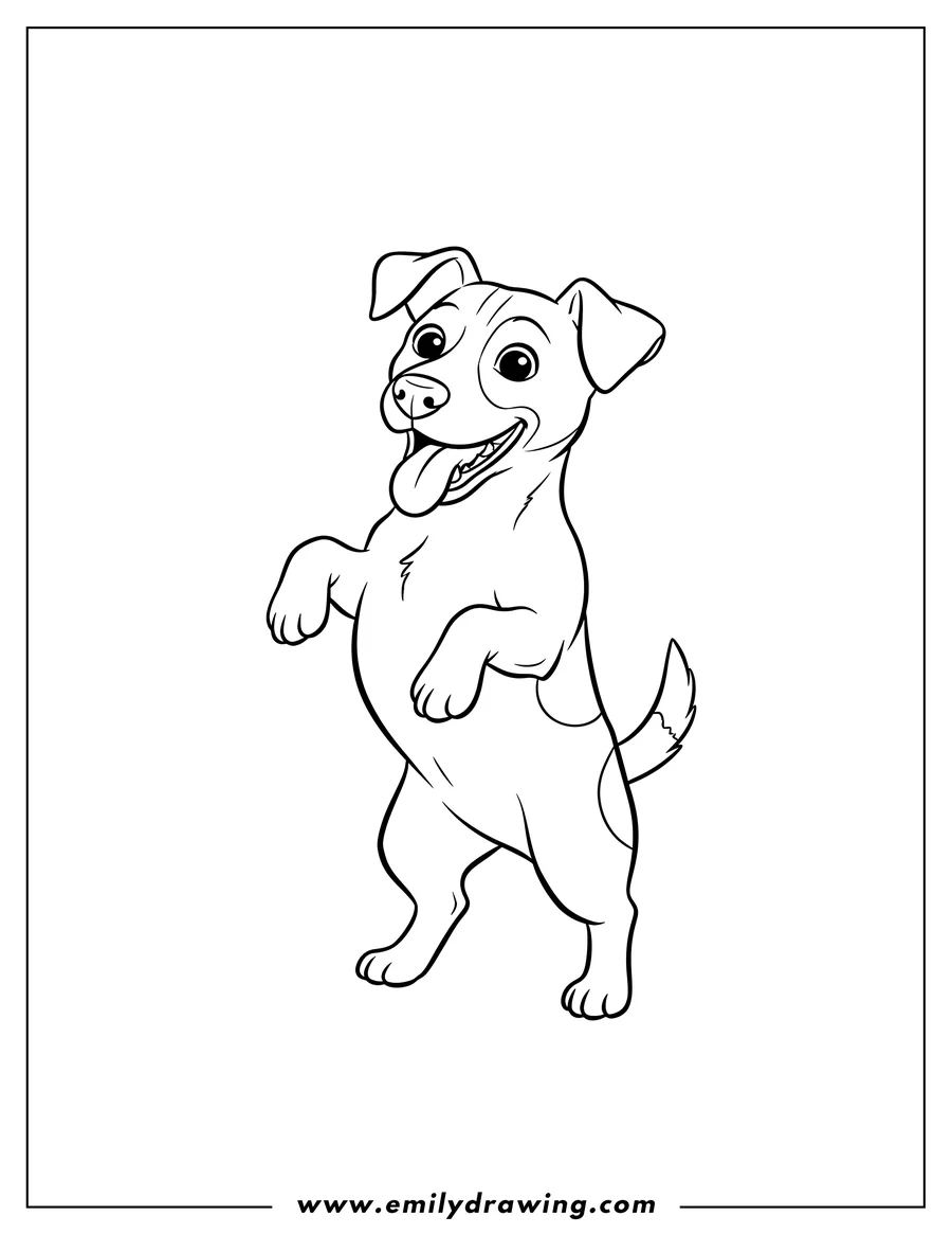 Coloring page for kids: playful Jack Russell standing, with mouth open and tongue out