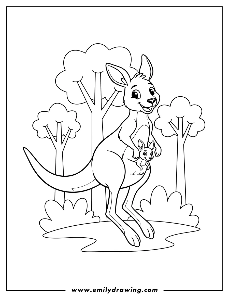 Free printable coloring sheet of playful kangaroo, smiling and jumping, in a forest