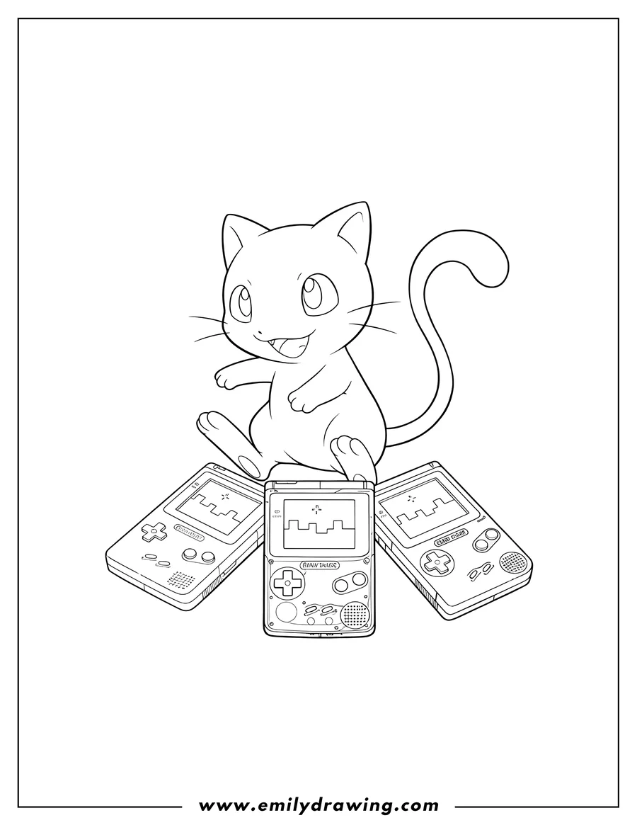 Outline drawing of playful Mew with tilted head in front of Game Boy consoles