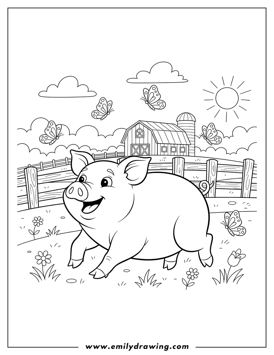 Coloring page for kids: playful Pig cheerfully running on a Country Farm with butterflies flying around and a fenced pasture