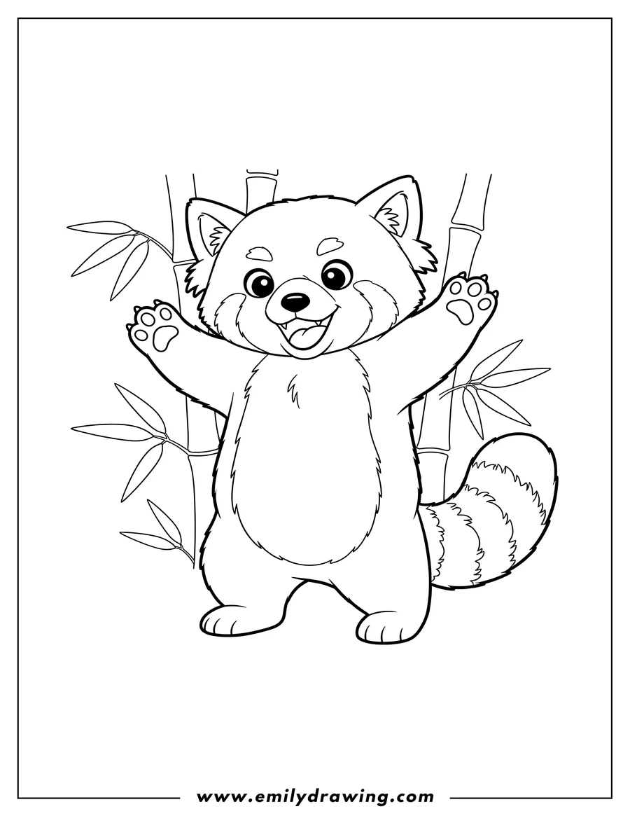 Full page coloring image of playful Red Panda with raised paws, smiling