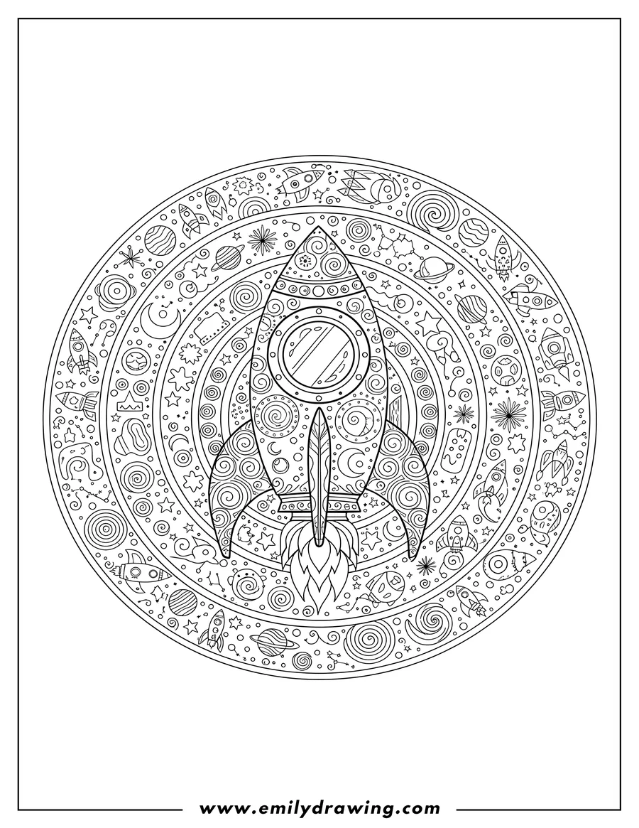 Clean line drawing: playful Rocket Mandala With Intricate Details, launching with a round window