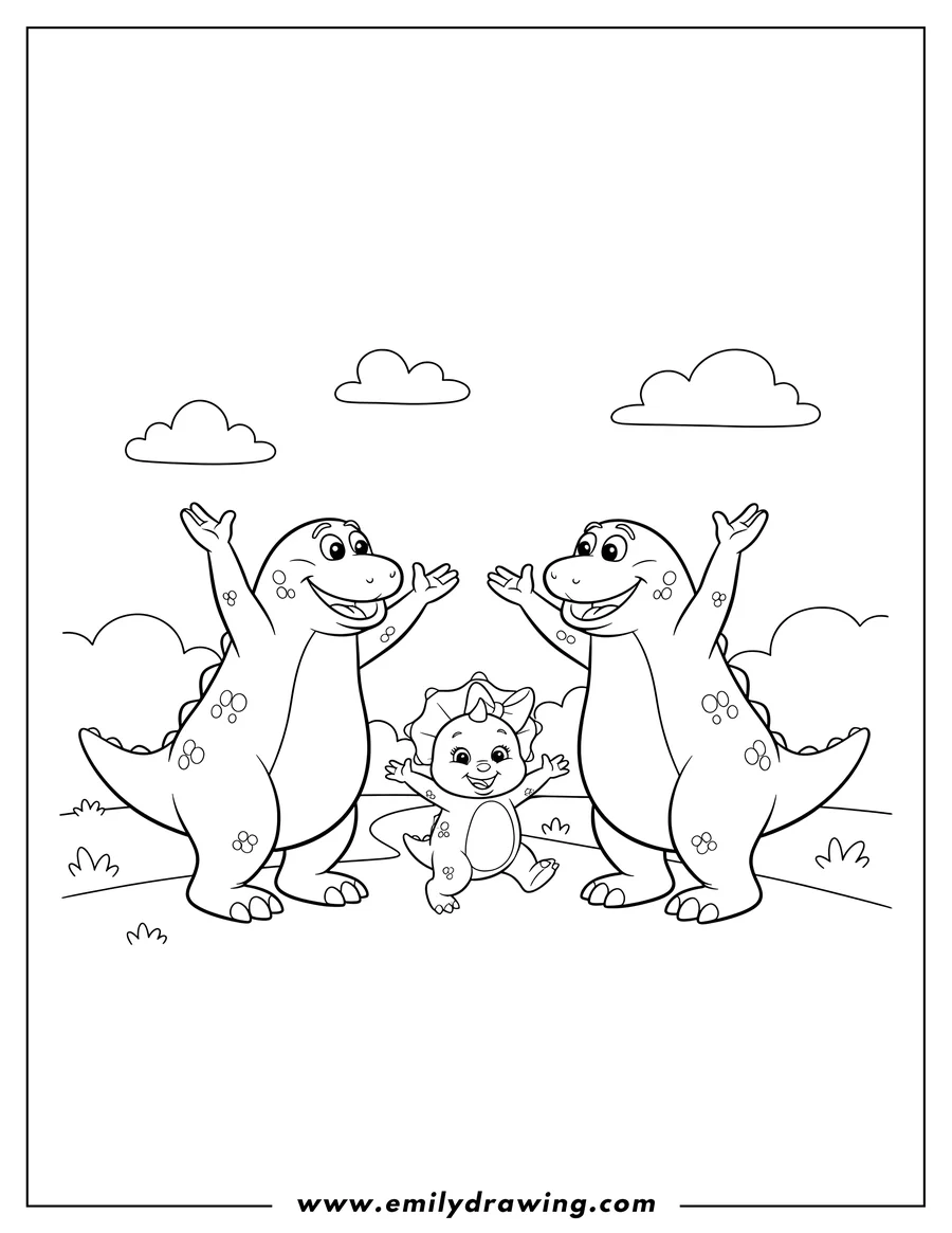 Coloring page of barney and BJ forming an arch for Baby Bop playing London Bridge