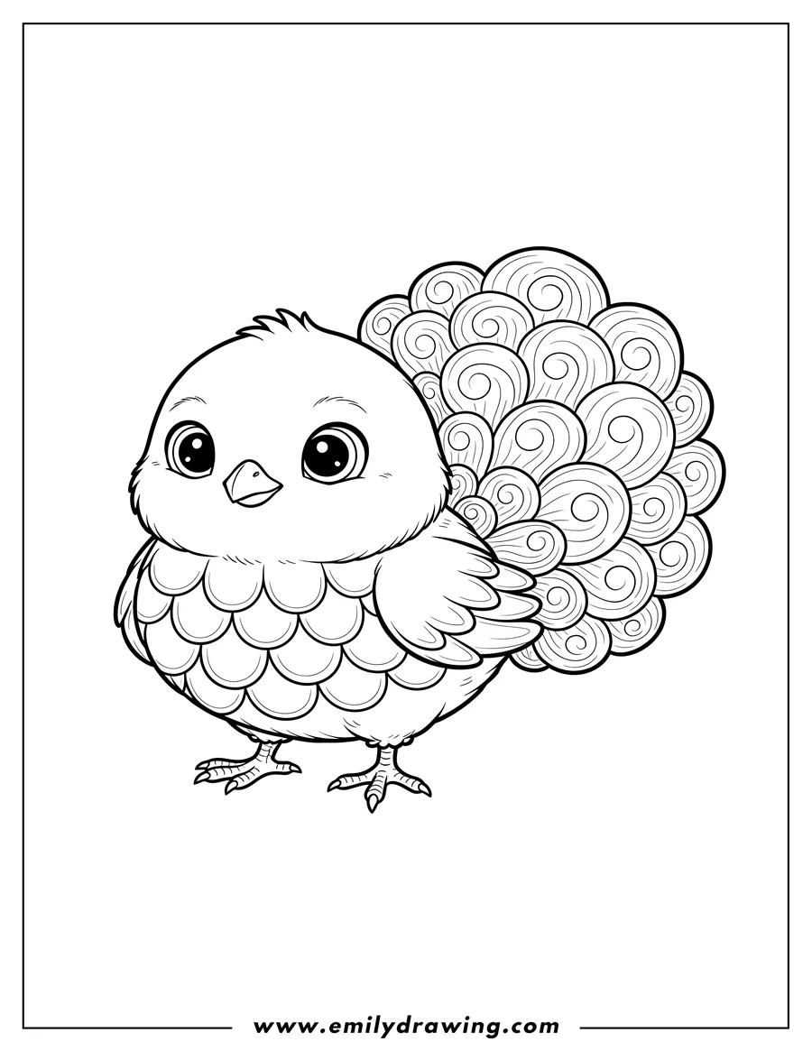 PDF style coloring page: plump Baby Chicken Scaled, standing with a fluffy tail