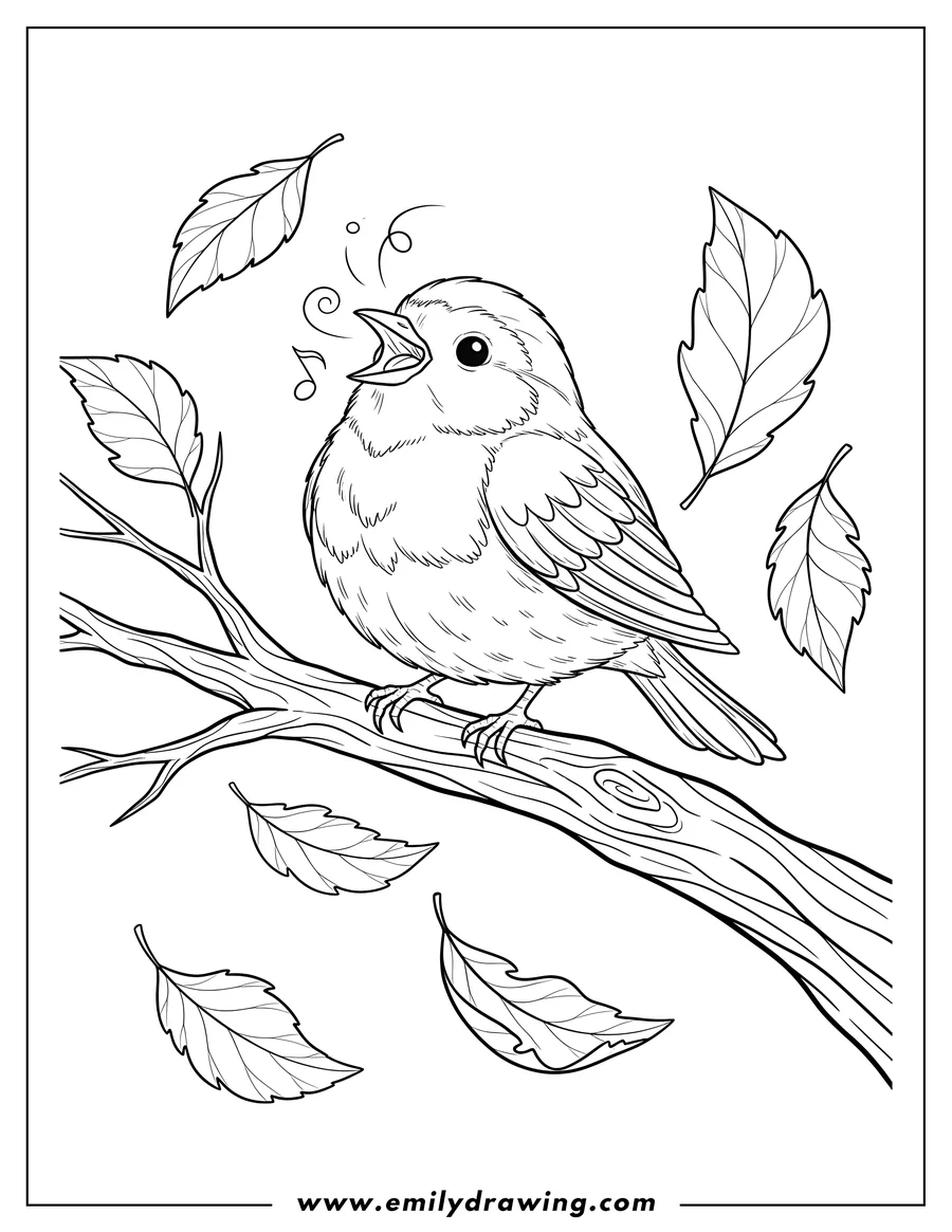 Full page coloring image of plump Singing Robin On Tree Branch With Falling Autumn Leaves