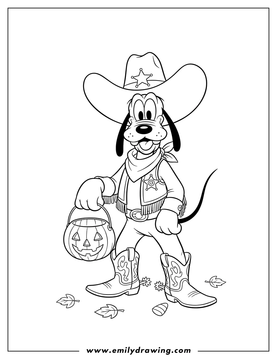 Outline of Pluto dressed as a cowboy, holding a jack-o'-lantern bucket, with autumn leaves and candy corn on the ground.