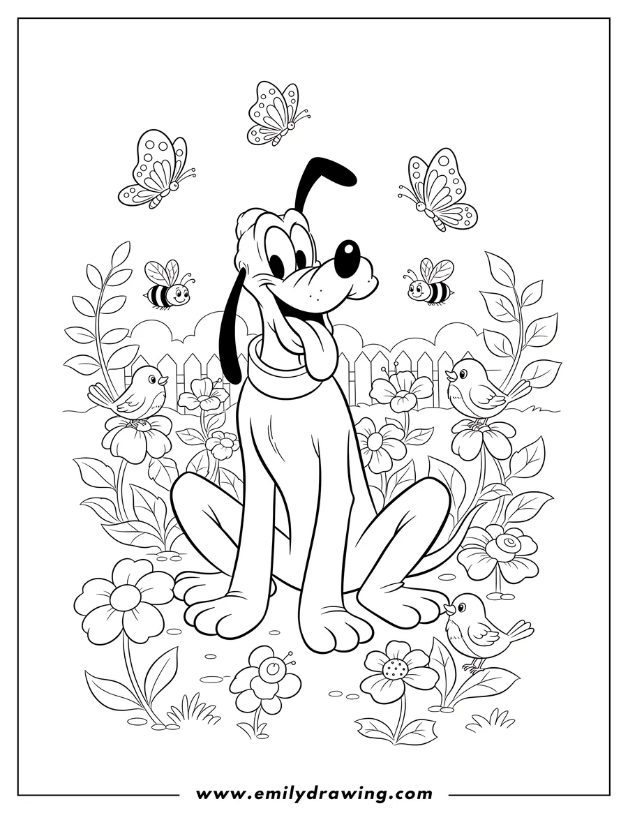 Pluto sitting in a cheerful flower garden, surrounded by butterflies, bees, and small birds perched on blooming flowers with a picket fence in the background.