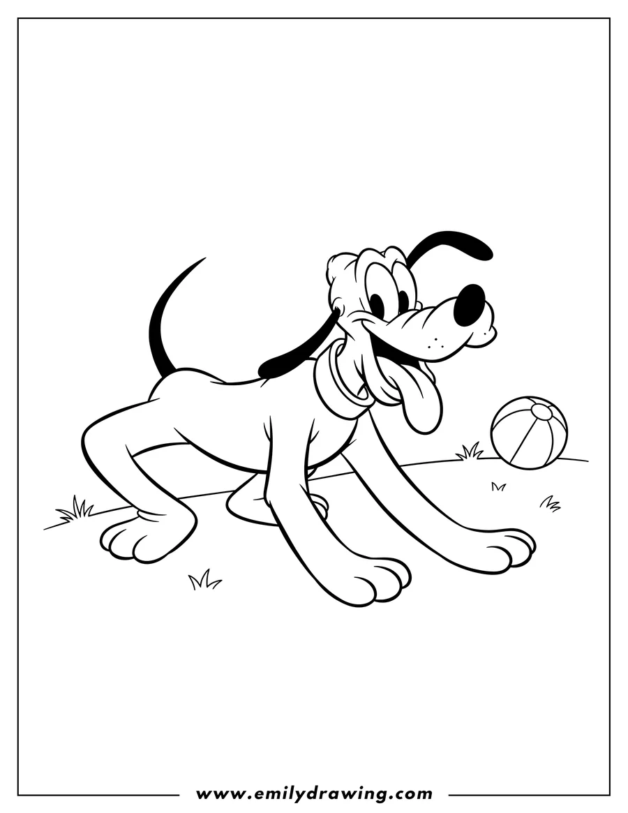 Printable line art of pluto the dog, tongue out, in a play bow pose wearing a collar