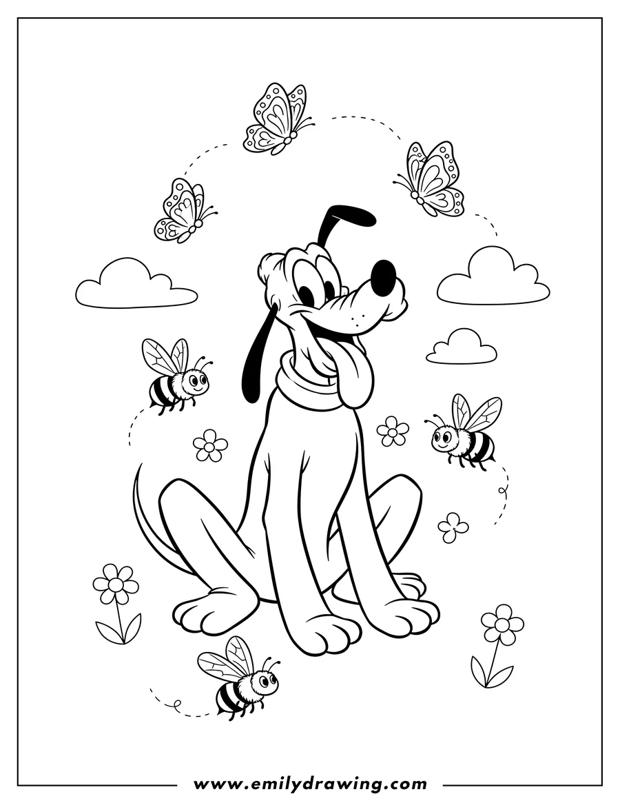 Free to print drawing of pluto Disney sitting with his tongue out, with butterflies and bees flying around him