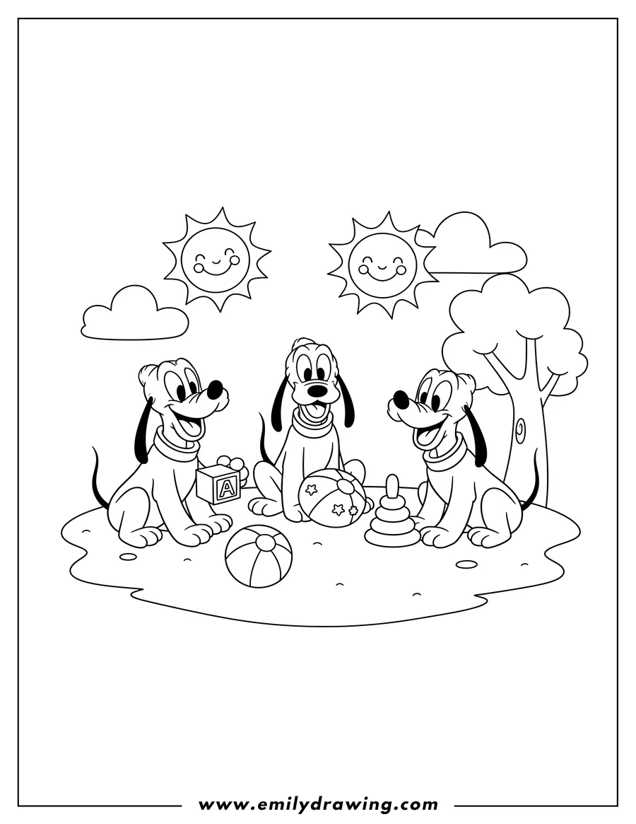 Outline of three Plutos playing outdoors with toys under smiling suns and clouds, with a tree in the background.