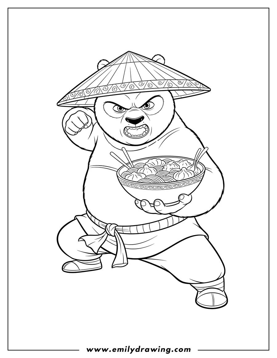 Printable line art of po in a fighting stance, wearing a conical hat, with a fierce expression, holding a bowl of food