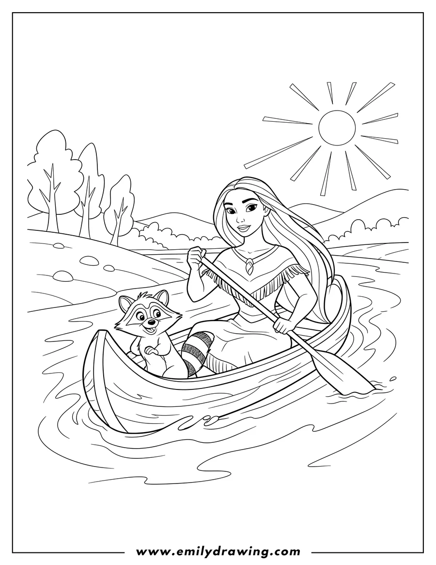 Free to print drawing of pocahontas and Meeko in a canoe, paddling on a river