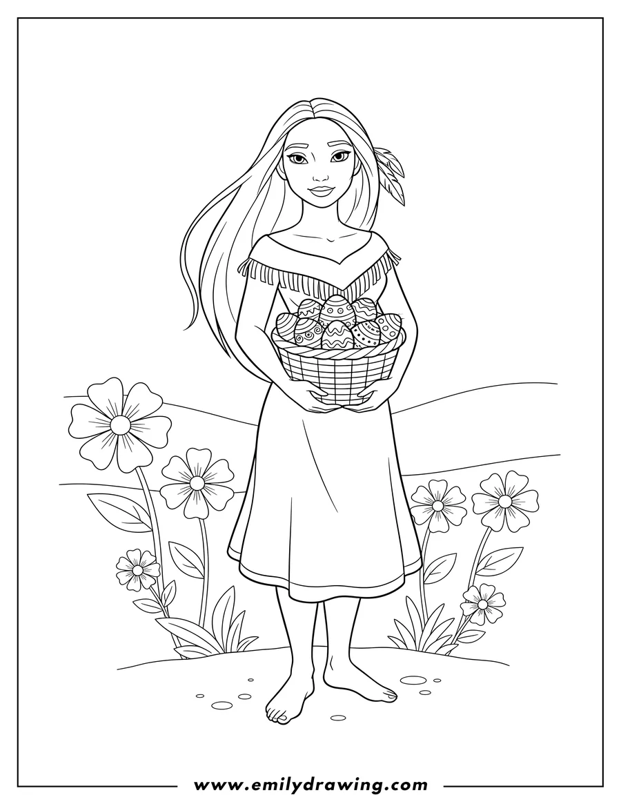 Printable line art of pocahontas barefoot, looking forward and holding a basket of Easter eggs