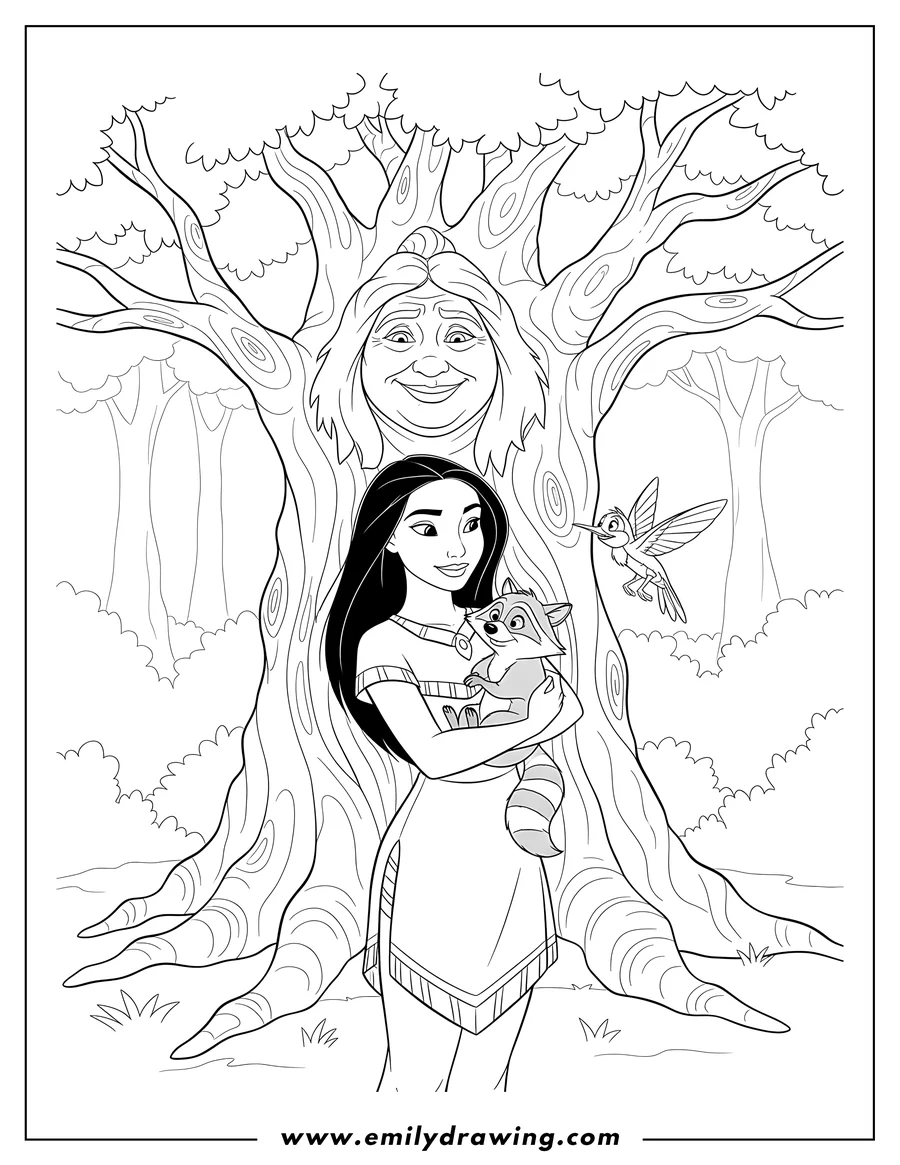 Coloring page of pocahontas Disney, holding Meeko, with Flit, and Grandmother Willow's face in the tree