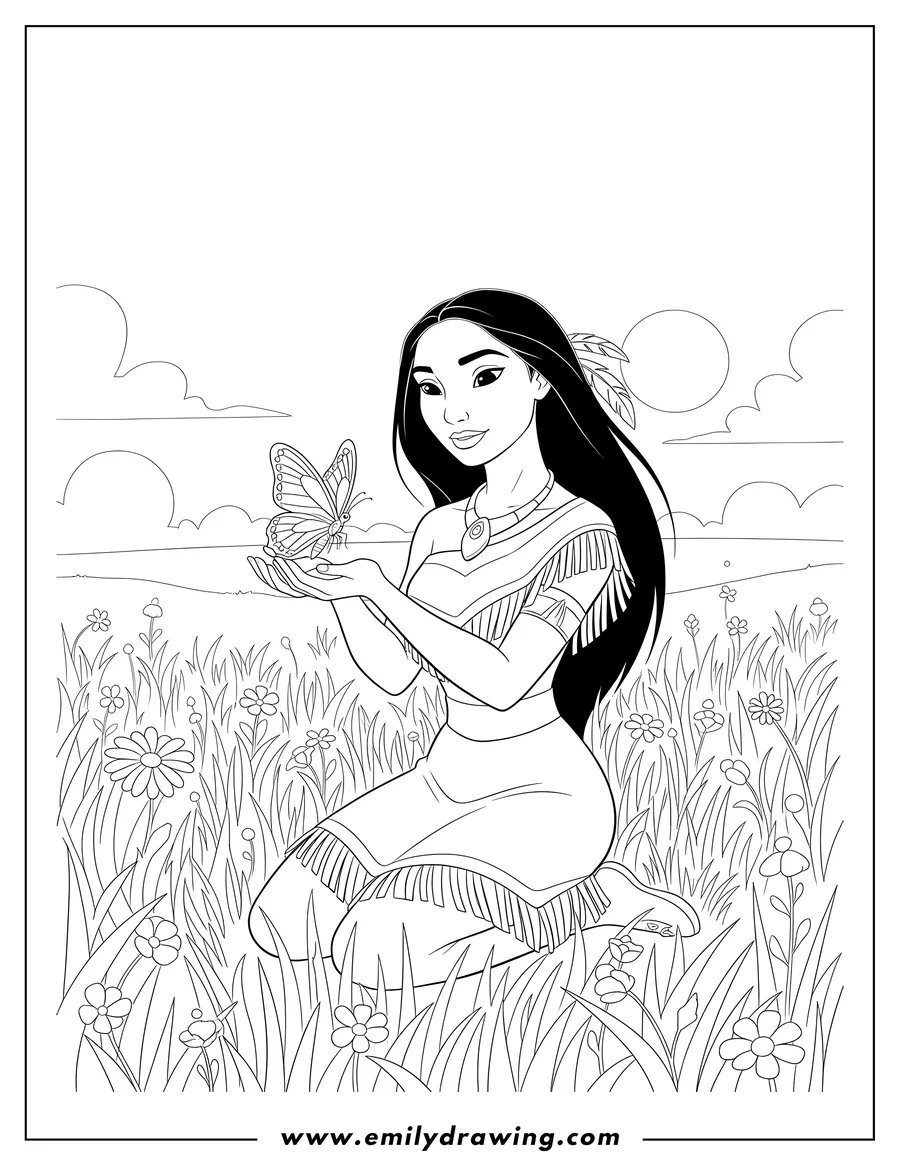 Outline drawing of pocahontas kneeling on a field, holding a butterfly