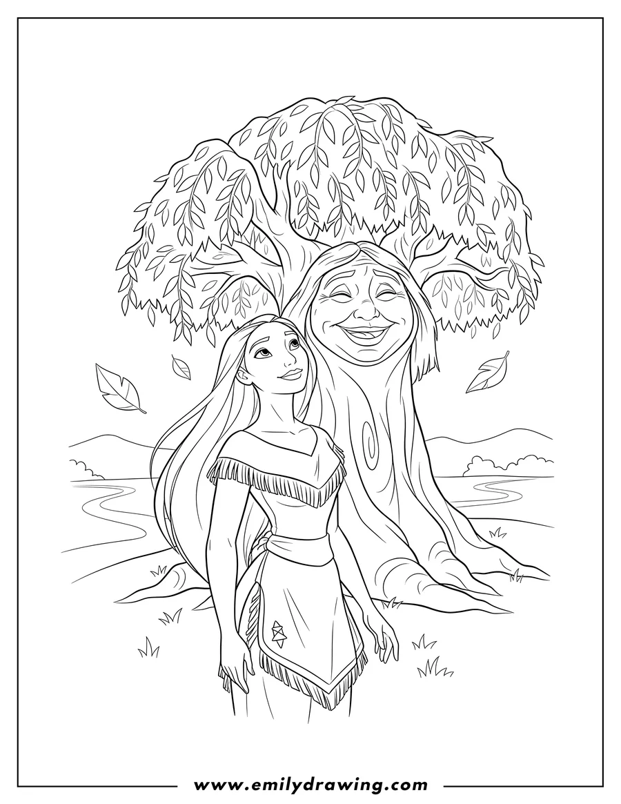 Vector style outline of pocahontas standing, looking up, with Grandmother Willow smiling from her tree