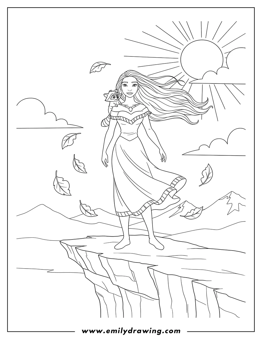 Coloring sheet featuring pocahontas with Meeko on her shoulder, standing on a cliff with her hair flowing and leaves swirling