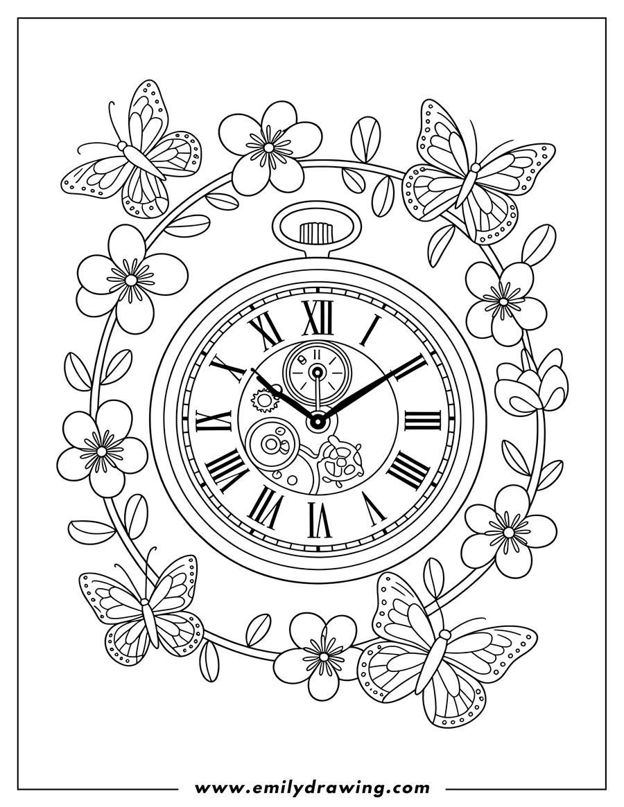 Outline of an ornate pocket watch with Roman numerals and visible internal gears, surrounded by a wreath of blooming flowers and four butterflies