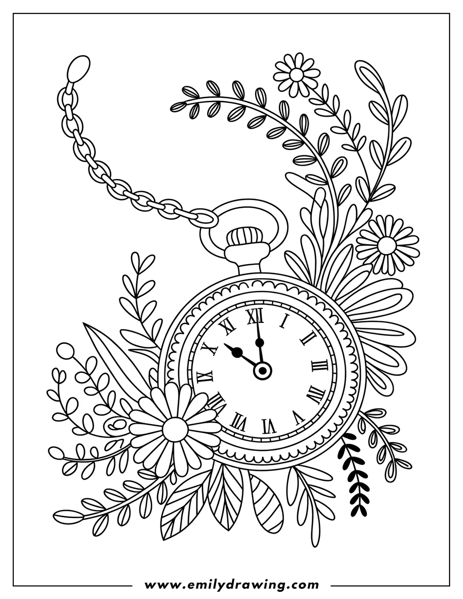 Line art of a vintage pocket watch with Roman numerals and a chain, surrounded by various leaves and daisy-like flowers.