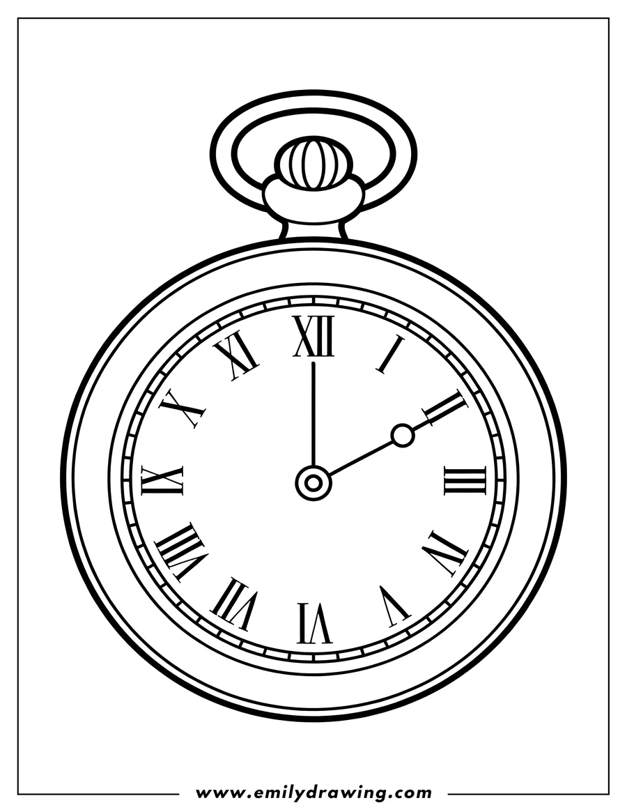 Outline of a classic pocket watch with Roman numerals and a small winding knob at the top.