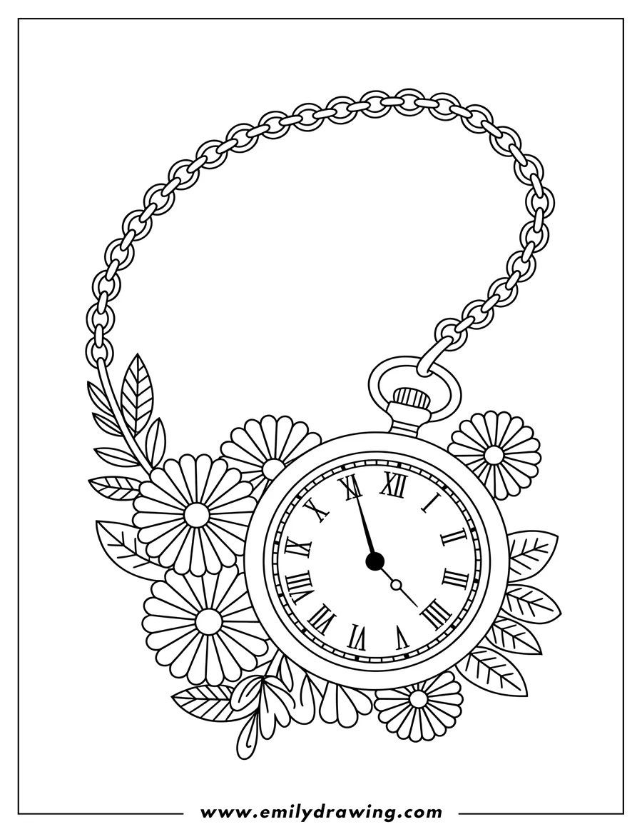 Line art of an ornate pocket watch with Roman numerals and a chain, surrounded by various flowers and leaves.