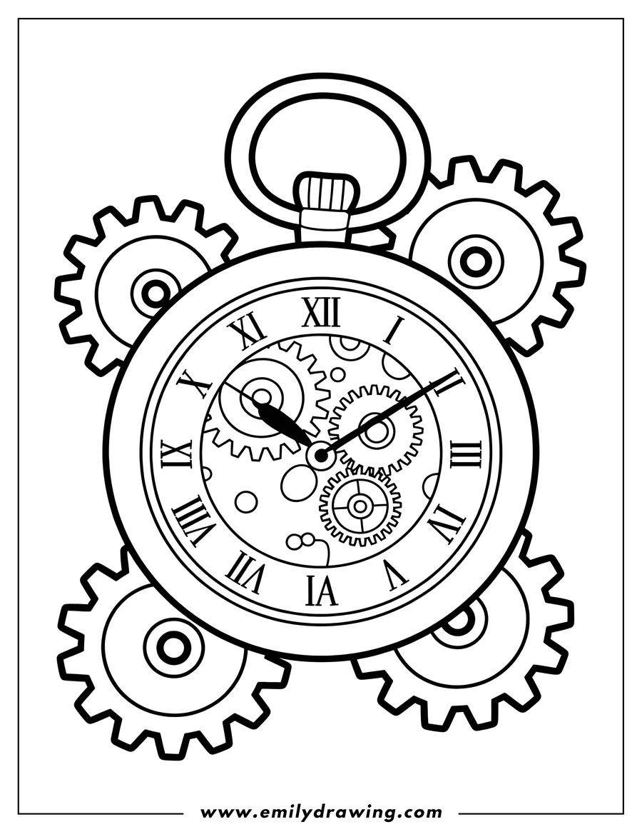 Line art of an antique-style pocket watch with Roman numerals on its face and visible internal gears, surrounded by larger gears.