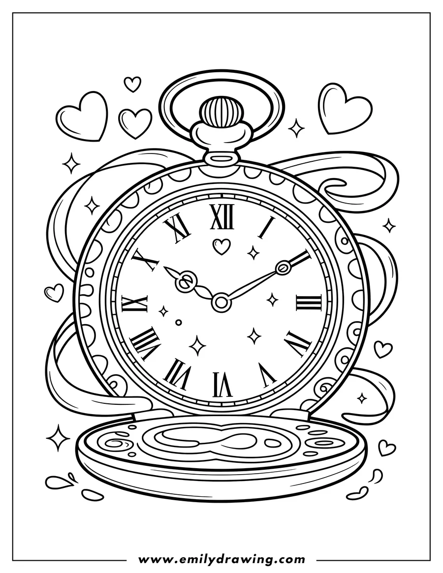 Line art of an ornate pocket watch with Roman numerals on its face, surrounded by floating hearts and sparkles.