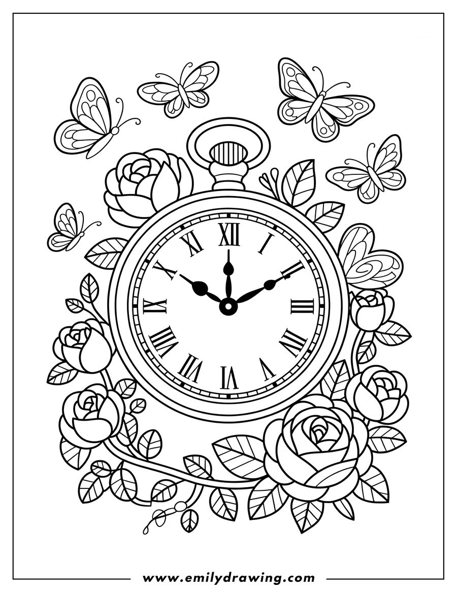 Line art of a vintage pocket watch with Roman numerals, surrounded by blooming roses, leaves, and flying butterflies.