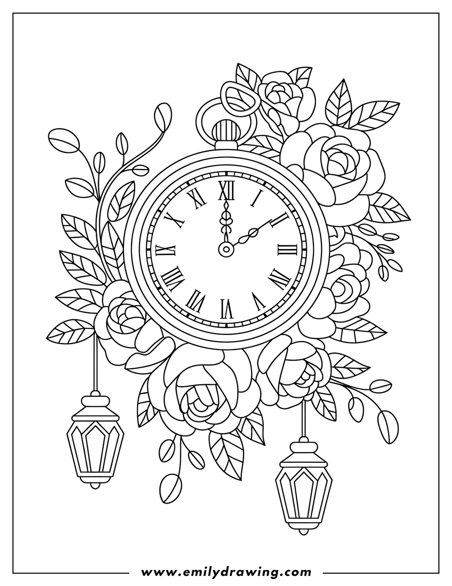 Line art of an ornate pocket watch with Roman numerals, surrounded by blooming roses and leafy vines, with two hanging lanterns on either side.