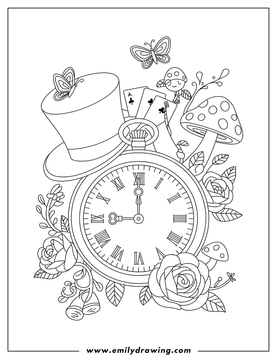 Line art of a vintage pocket watch with Roman numerals, surrounded by blooming roses, leaves, mushrooms, a top hat, playing cards, and two butterflies.