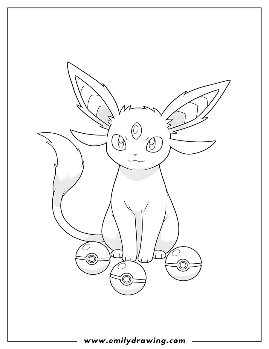 Full page coloring image of pokemon Espeon Poster, Espeon sitting with Poké Balls