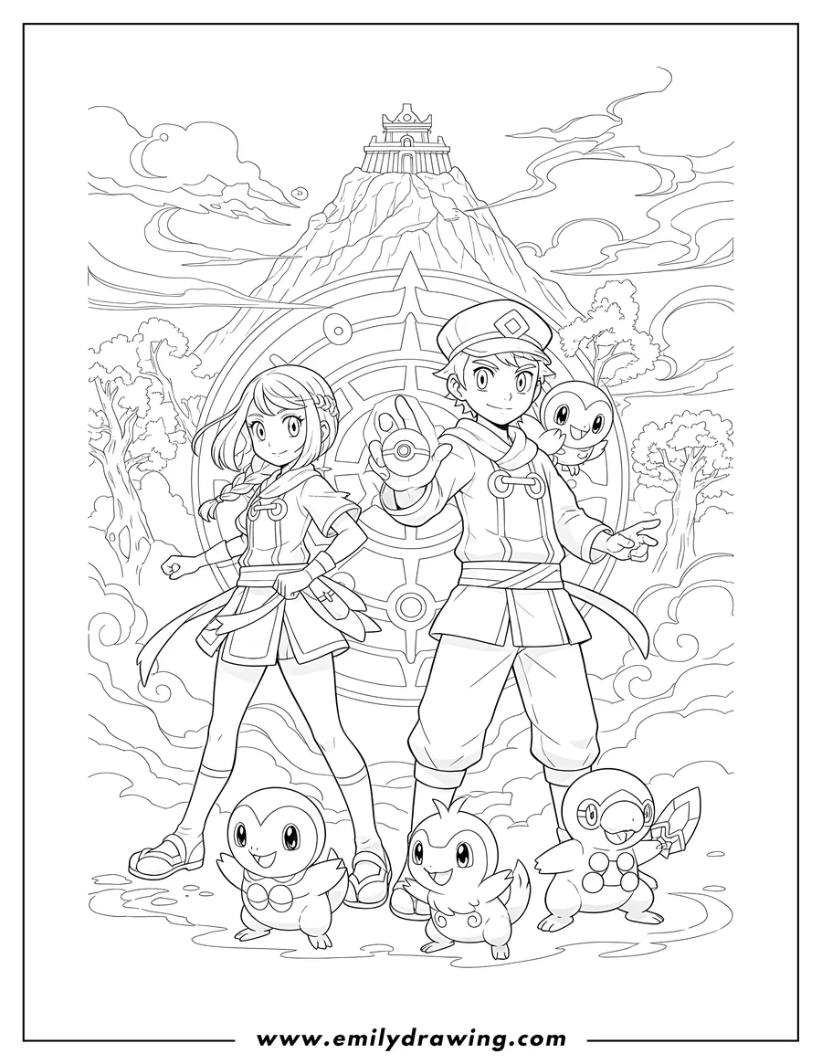 Outline drawing of pokemon Legends Arceus Poster with two trainers and multiple starter Pokemon