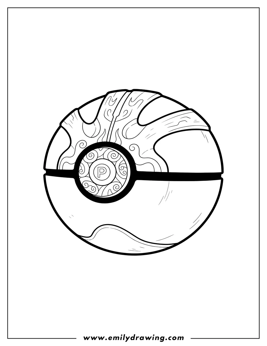 Coloring page of pokemon Legends Pokeball with a detailed center button and a distinctive top plate