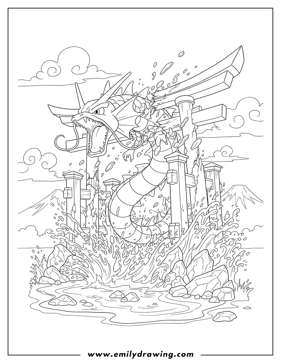 Printable coloring page of pokemon Poster Gyarados roaring with open mouth, bursting through a torii gate and splashing water