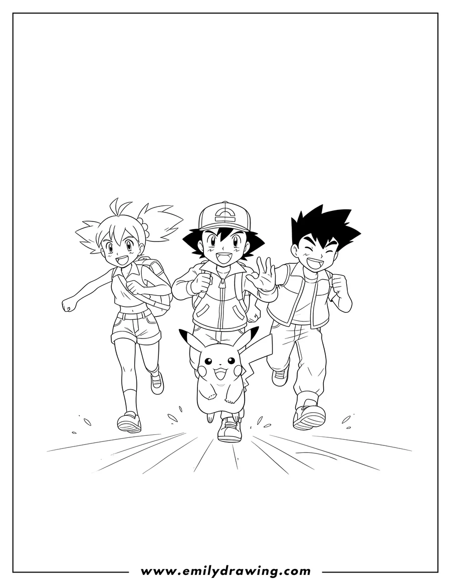 Simple sketch of pokemon Poster With Ash Misty Brock And Pikachu running excitedly to color