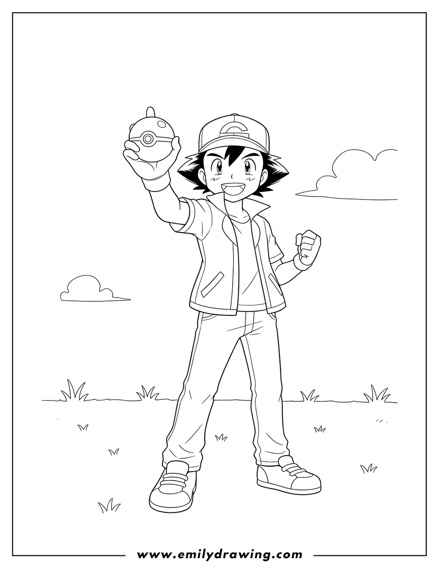 Coloring page for kids: pokemon Trainer Ash Holding Up Poke Ball, smiling widely with his other hand clenched