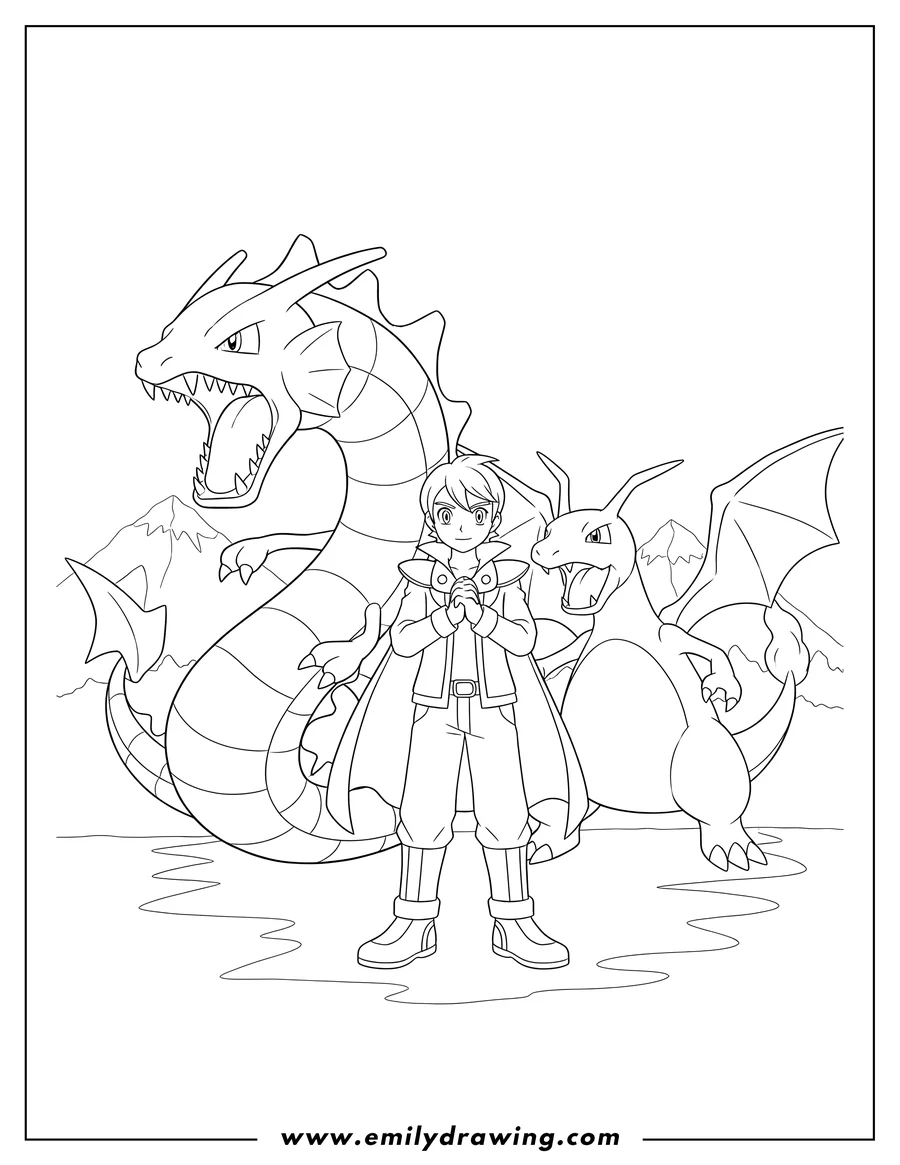 High quality printable pokemon Trainer Lance standing with hands together, with a roaring Gyarados and Dragonite for coloring