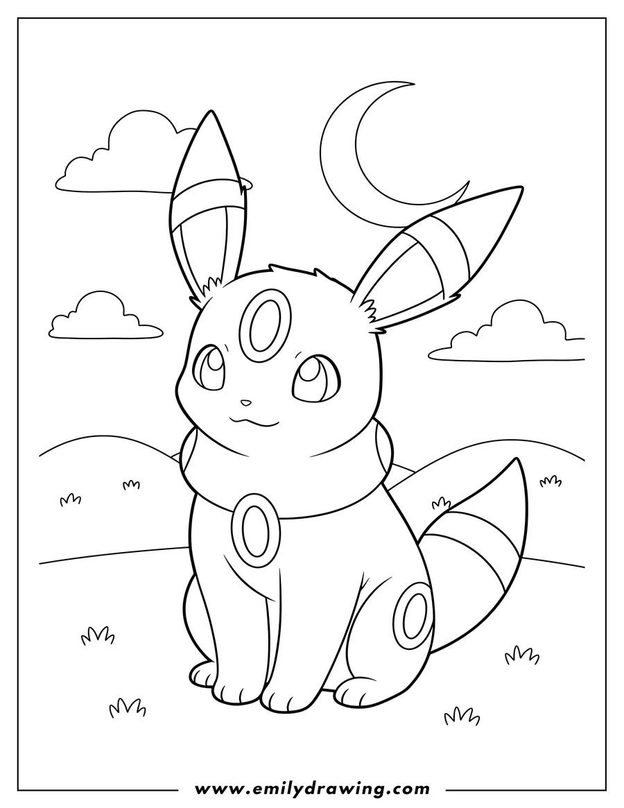 Simple sketch of pokemon Umbreon sitting down with rings on its body and ears, preschoolers coloring page to color